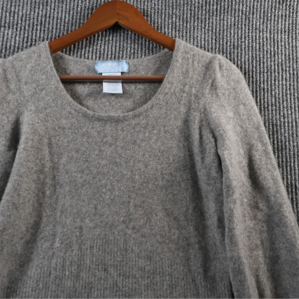 U-Knit Pure Cashmere Women's XL Gray Flannel Puff Sleeve Ribbed Pullover Sweater - Picture 4 of 9